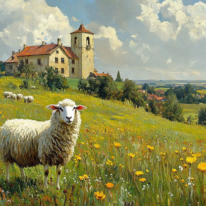 Meadow Sheep by the Countryside Canvas Wall Art