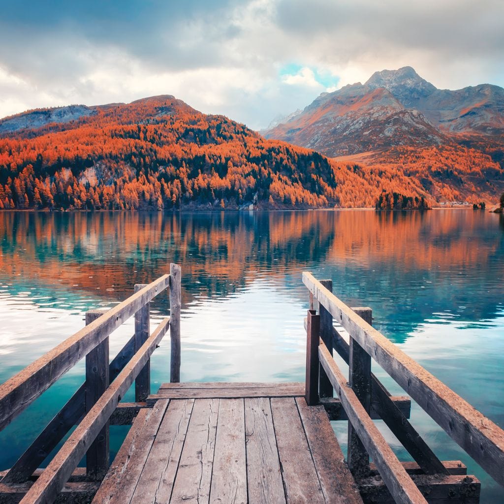 Wooden Pier on Autumn lake Sils Canvas Wall Art