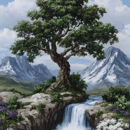Majestic Tree Mountain Falls Canvas Wall Art