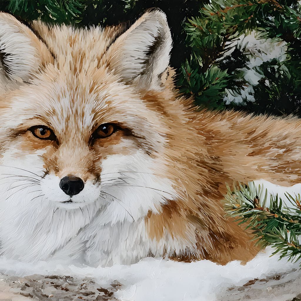 Winter Fox Under Pine Boughs Canvas Wall Art