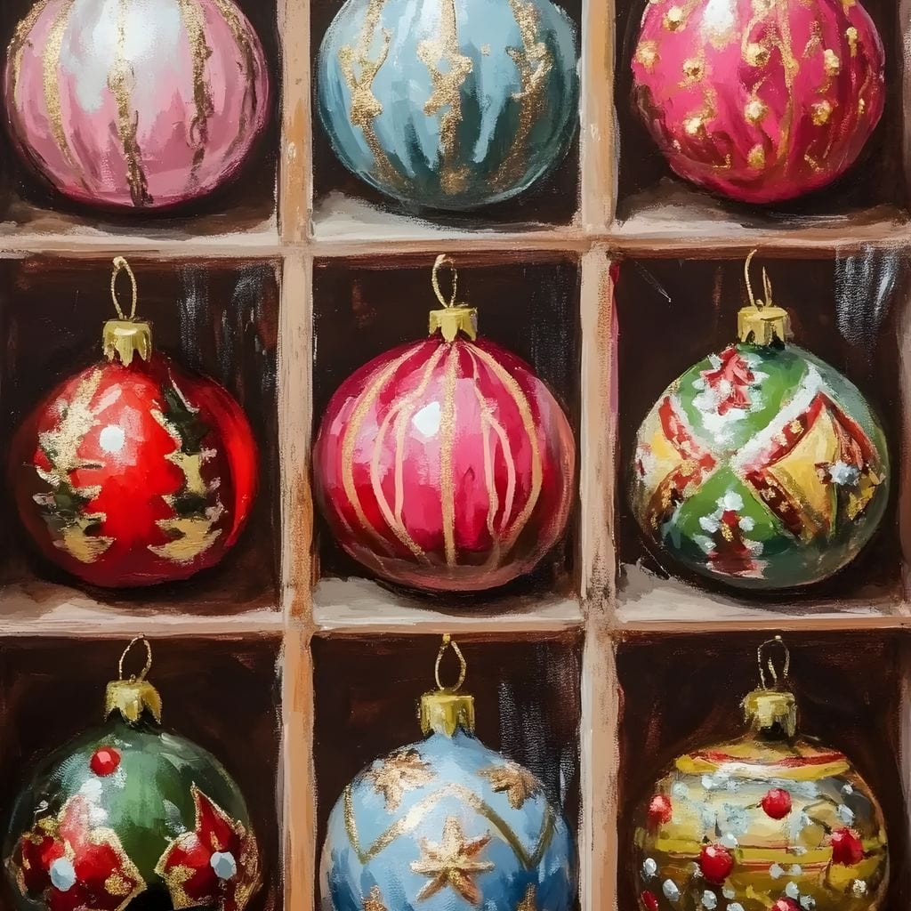Vintage Christmas Ornaments Grid Canvas Wall Art