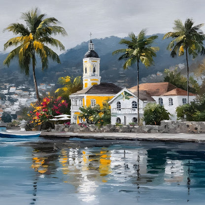 Tropical Harbor Church View Canvas Wall Art