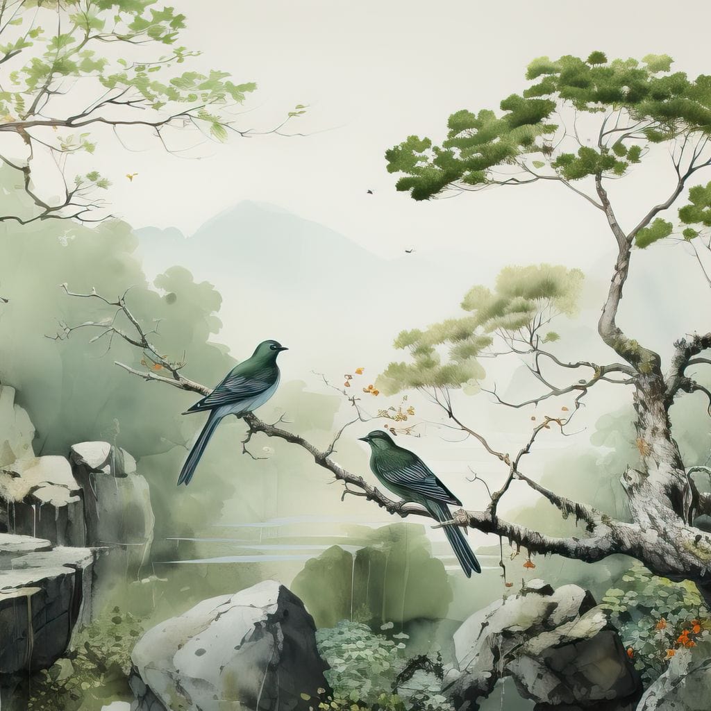 Misty Mountain Aviary Serene Canvas Wall Art