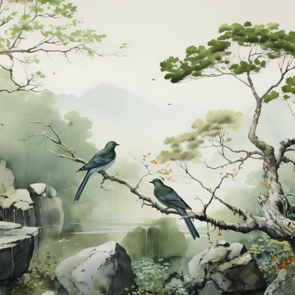 Misty Mountain Aviary Serene Canvas Wall Art