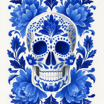Blue Floral Sugar Skull Folkstyle Canvas Wall Art