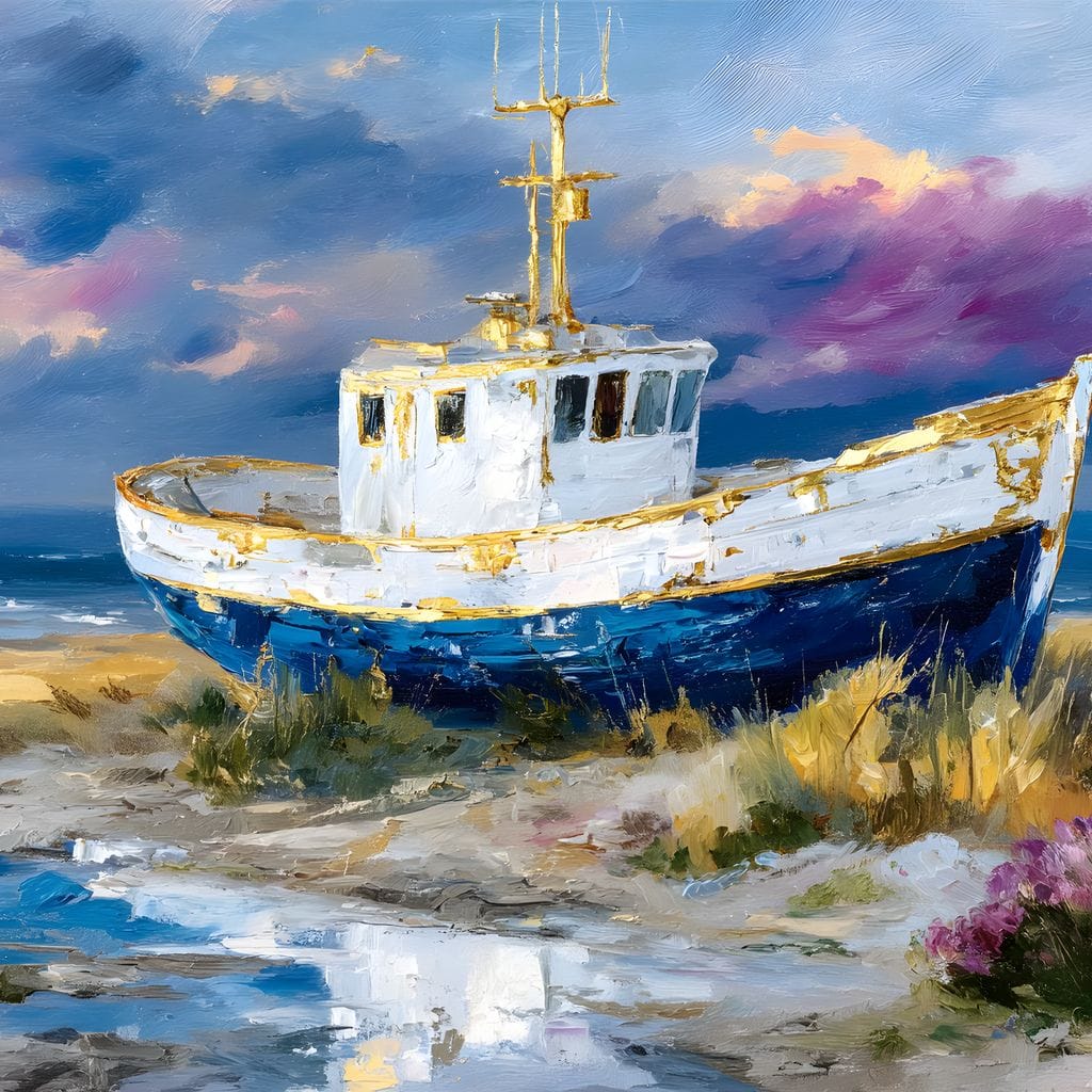 Coastal Boat Under Violet Sky Canvas Wall Art