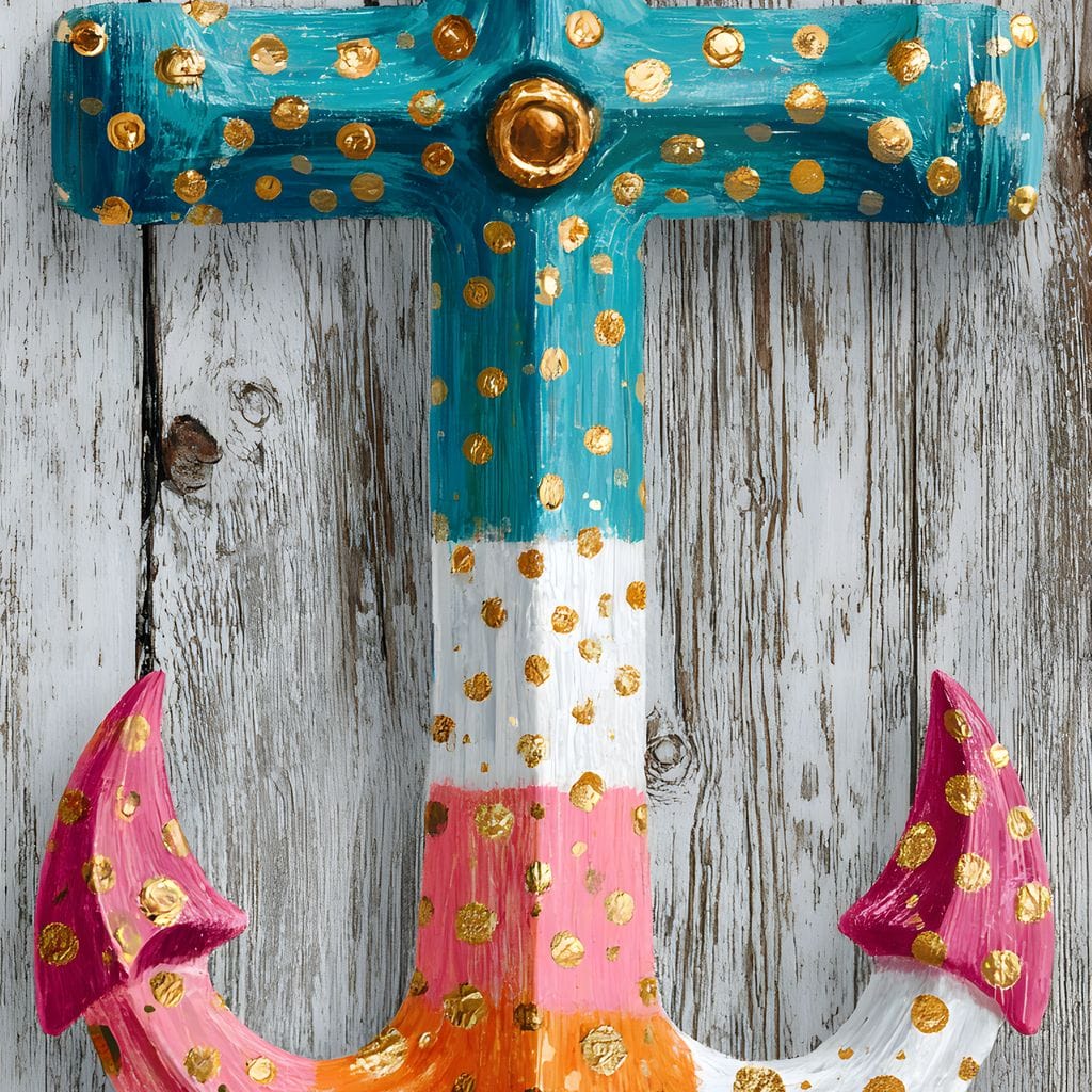 Golden Dotted Nautical Anchor Canvas Wall Art