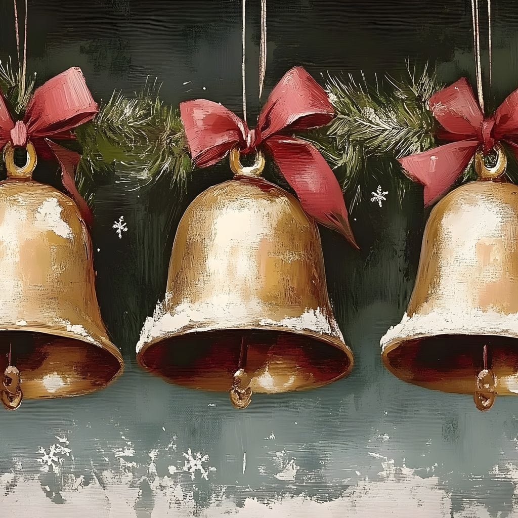Snow Kissed Golden Holiday Bells Canvas Wall Art