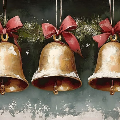 Snow Kissed Golden Holiday Bells Canvas Wall Art