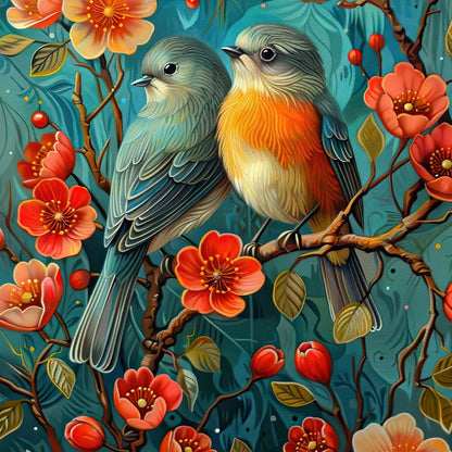 Songbirds Perched in Blooms Canvas Wall Art