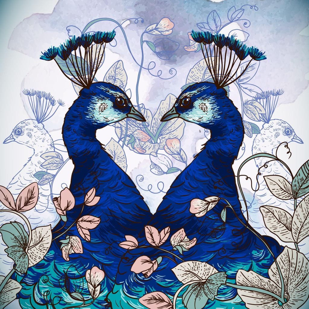 Blue Floral Peacocks Canvas Wall Art
