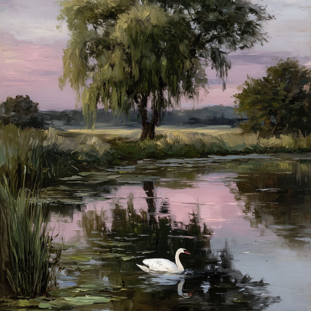 Swan Pond Willow Sunset Sky Canvas Wall Art