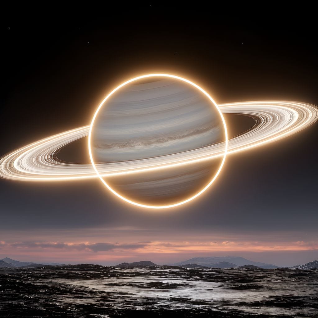 Luminous Saturn Over Alien Sea Canvas Wall Art