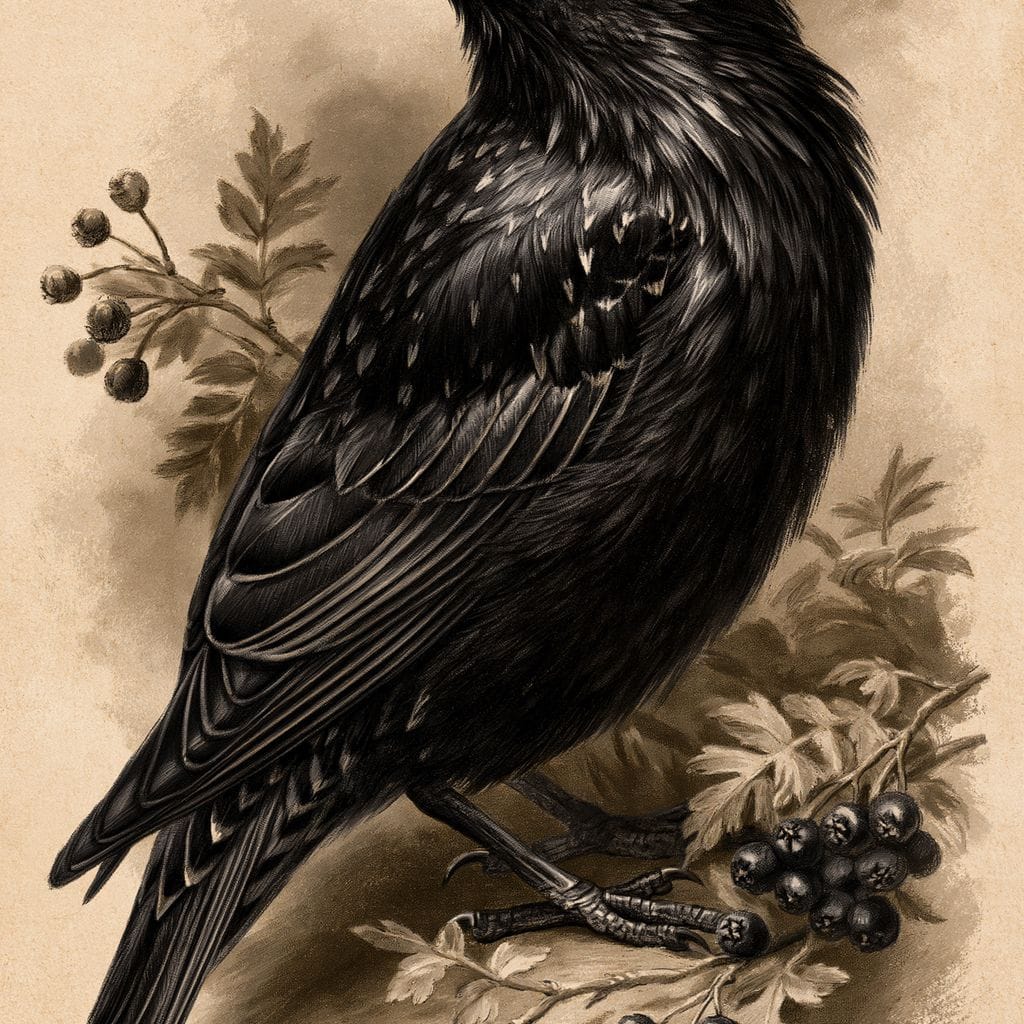 Solitary Starling Perched Upon Hawthorn Branch Canvas Wall Art