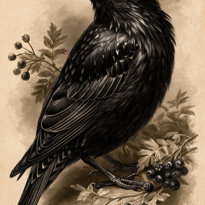 Solitary Starling Perched Upon Hawthorn Branch Canvas Wall Art