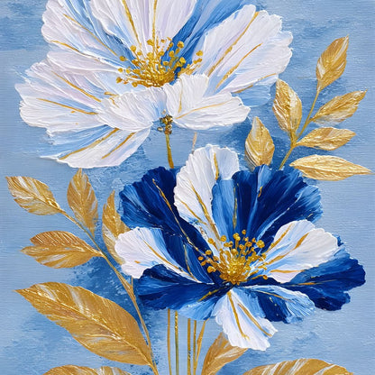 Blue White Peony Gold Leaf Canvas Wall Art