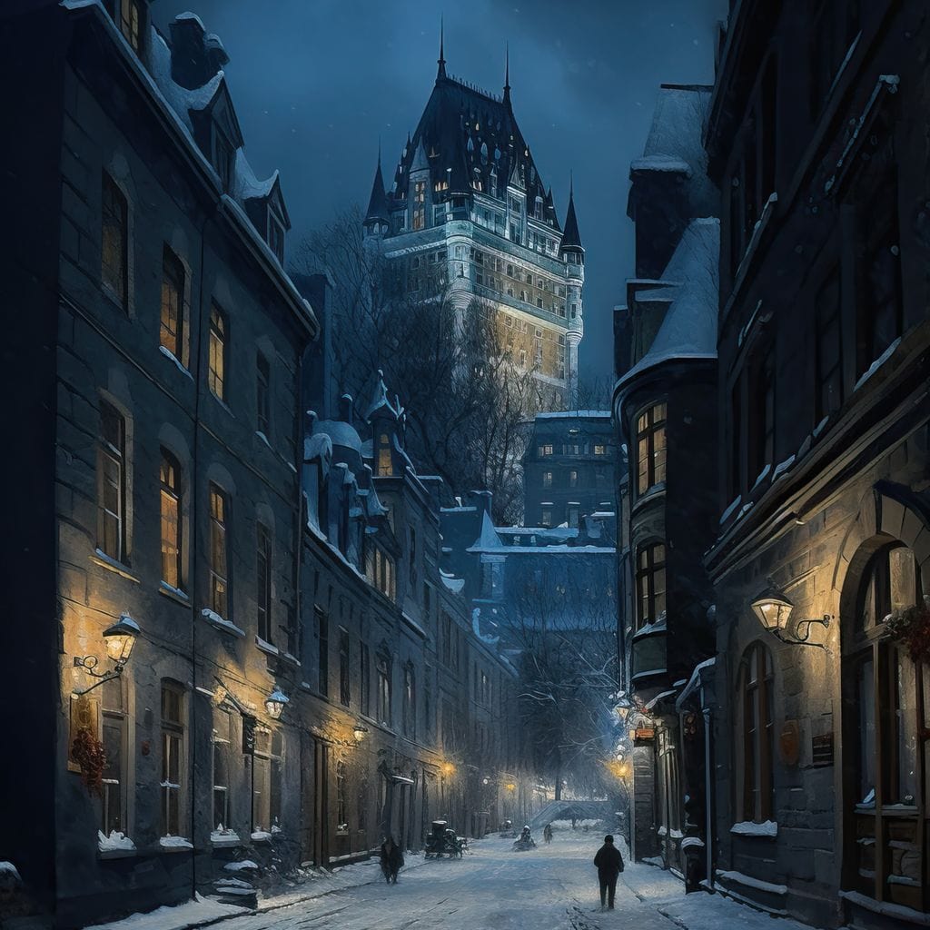 Quebec City Street On a Winter Night Canvas Wall Art