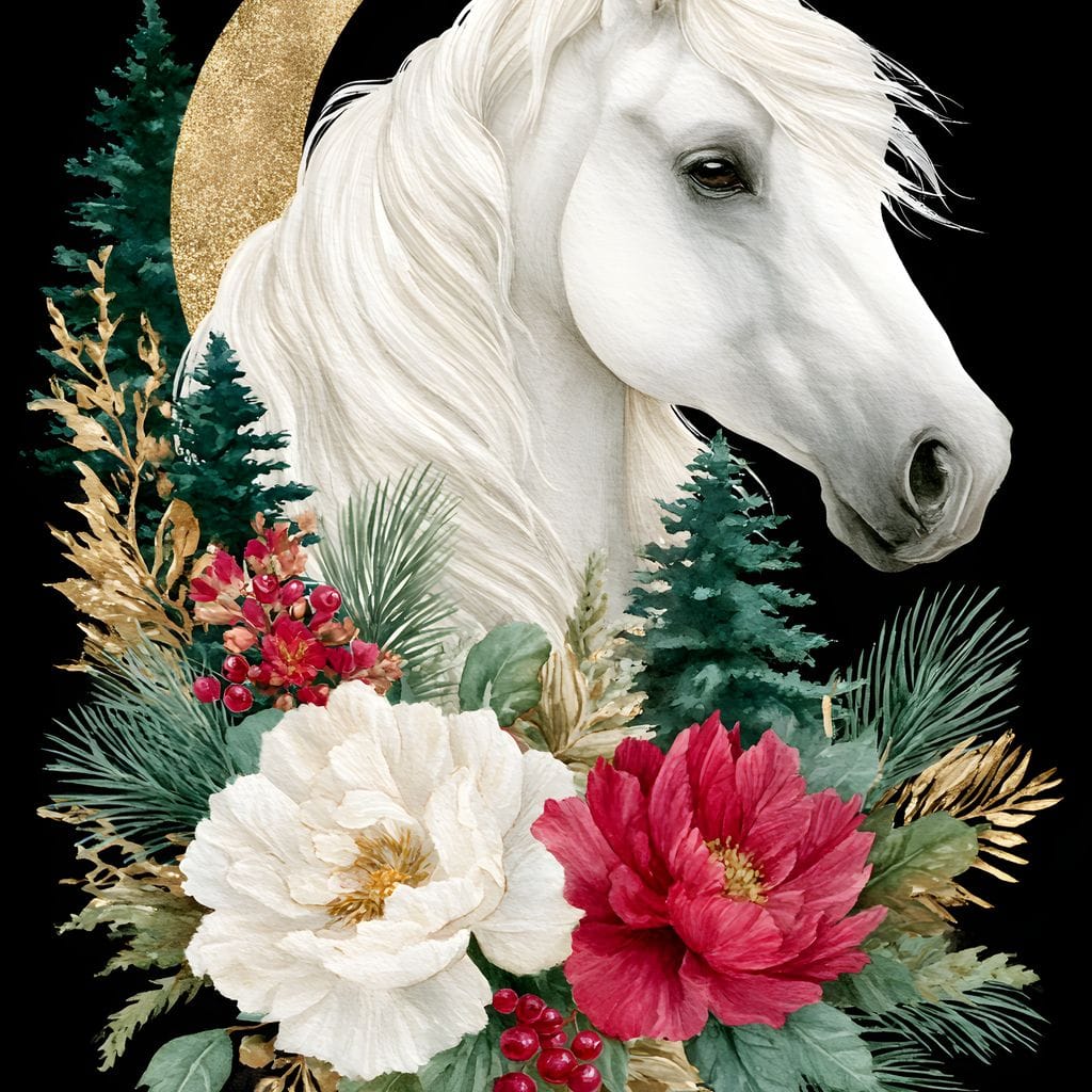 Moonlit Floral Gold White Horse Canvas Wall Art