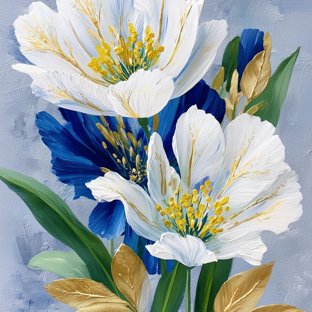 White Peony Blue Petals Gold Canvas Wall Art