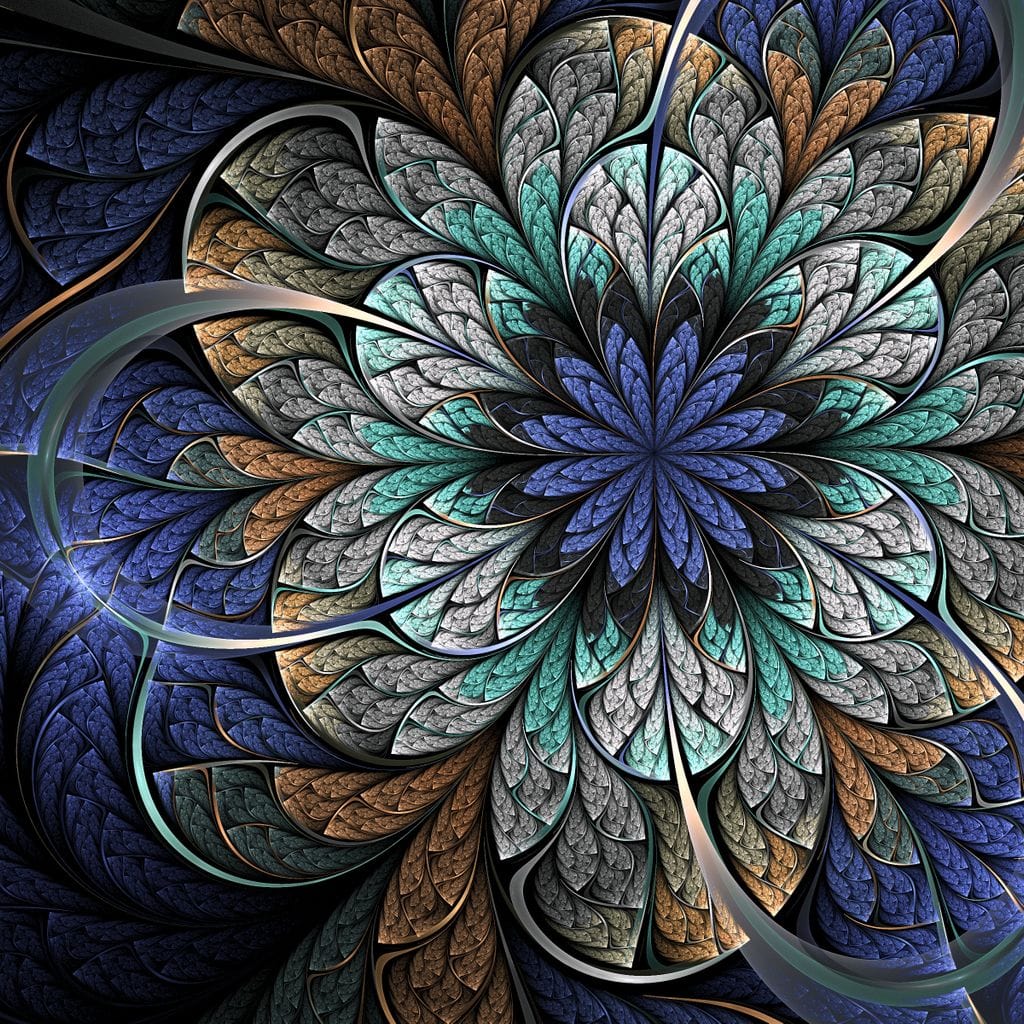 Blue and Gold Fractal Flower Canvas Wall Art
