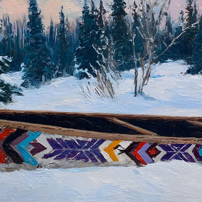 Painted Canoe Among Winter Pines Canvas Wall Art