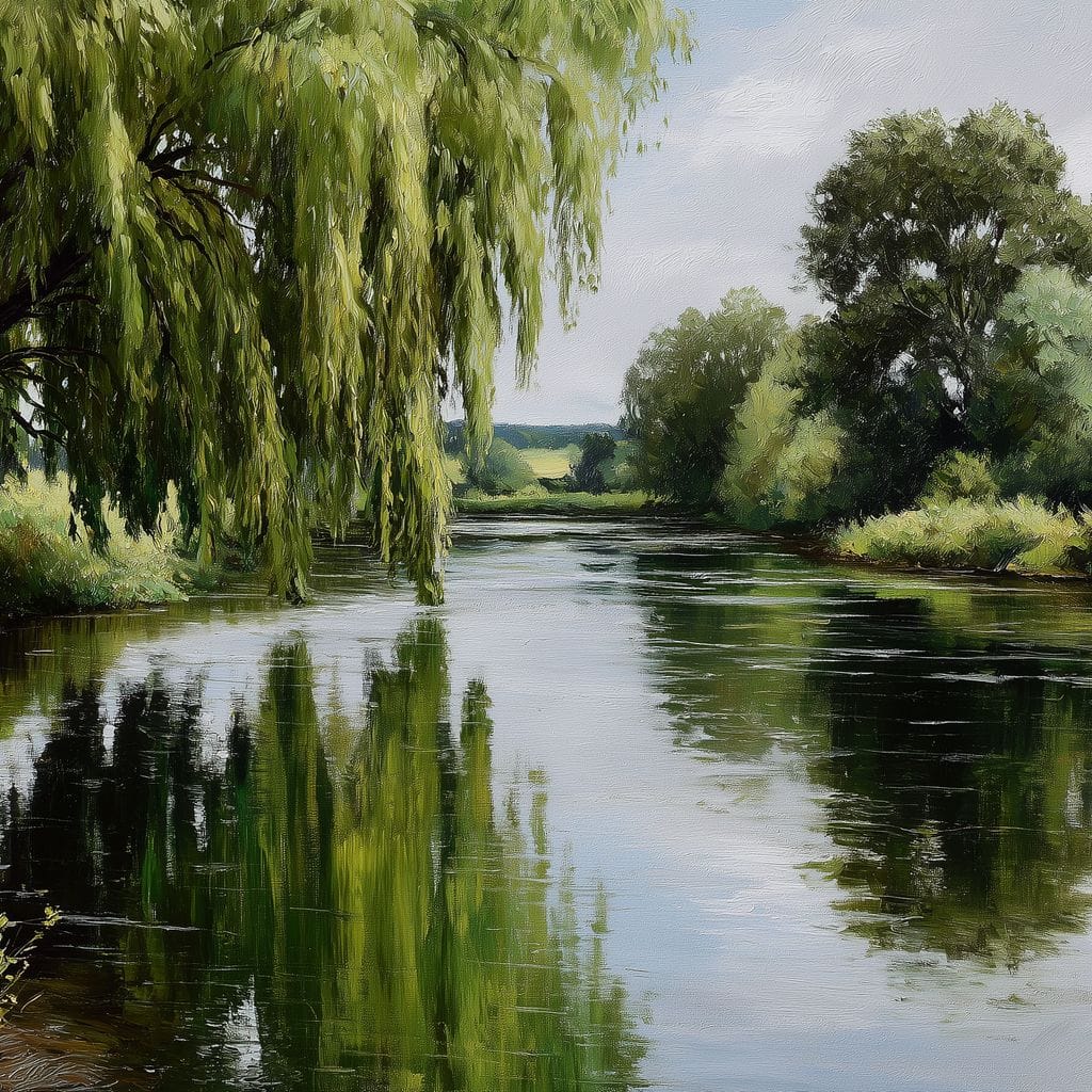 Willow Reflections Along Riverbank Canvas Wall Art