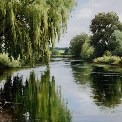 Willow Reflections Along Riverbank Canvas Wall Art