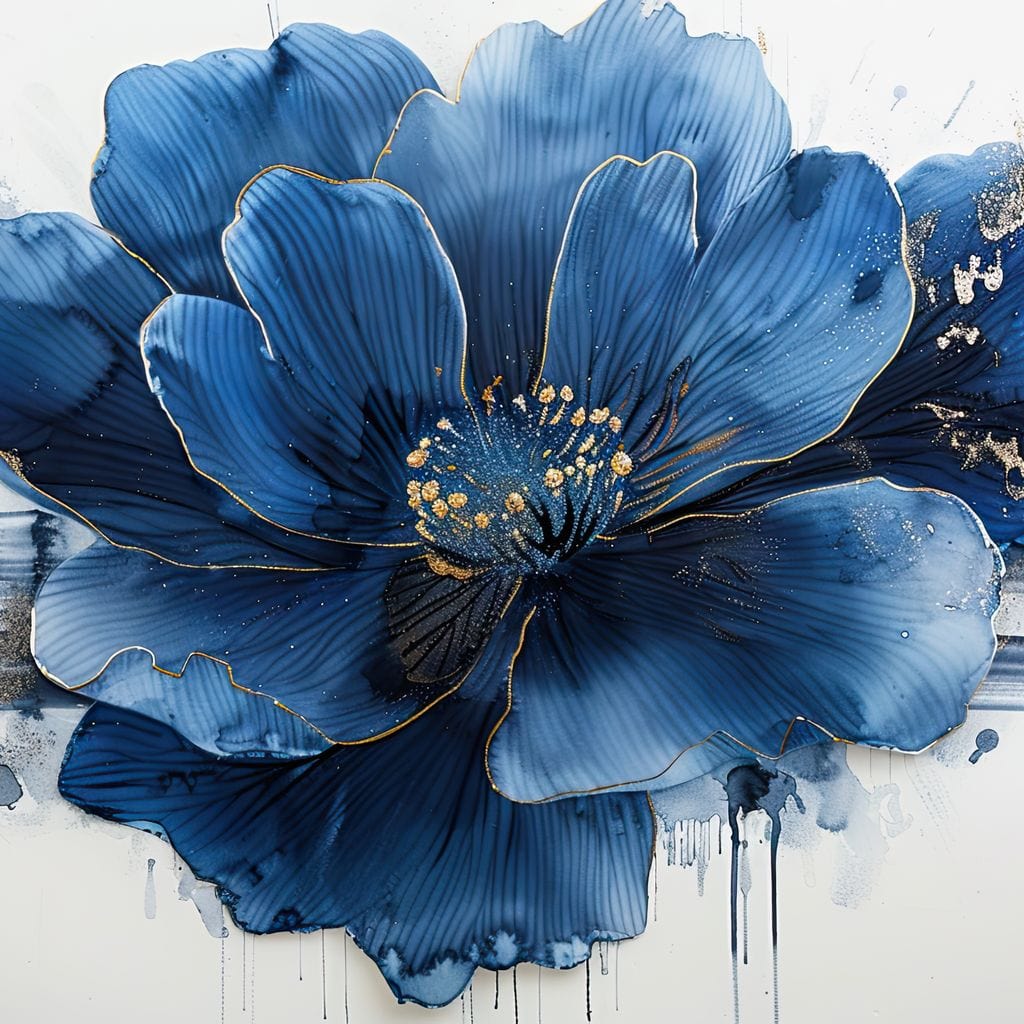 Sapphire Petals with Gold Dew Canvas Wall Art