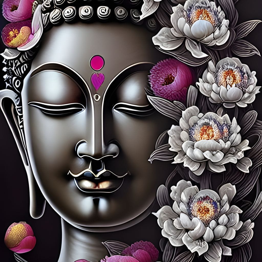 Buddha & Flowers Grey Canvas Wall Art