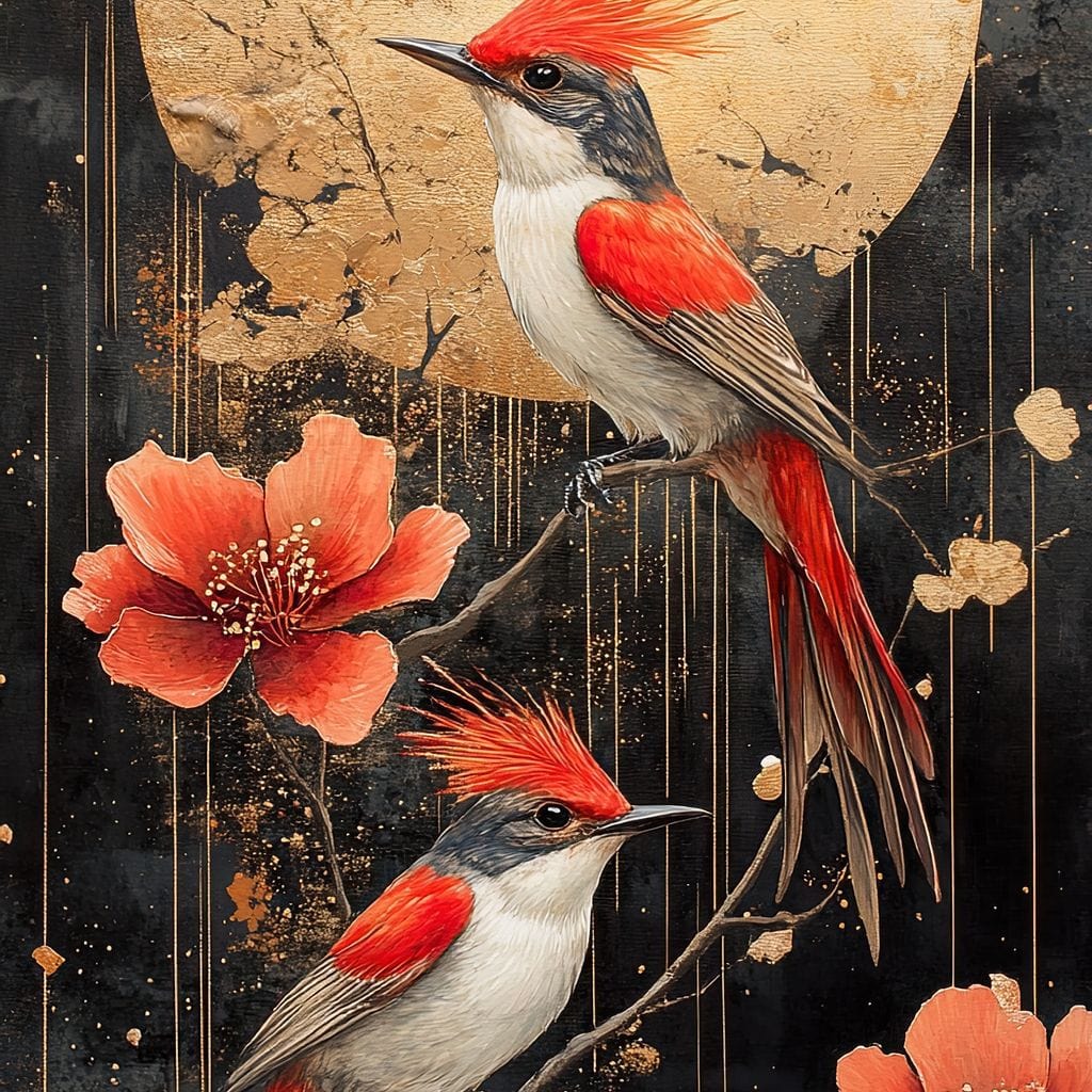 Golden Birds and Blossoms Fantasy Canvas Wall Art