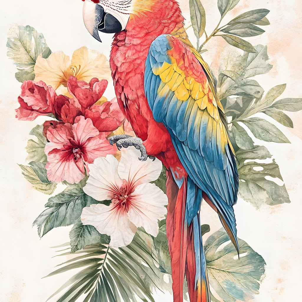 Tropical Parrot Floral Burst Canvas Wall Art