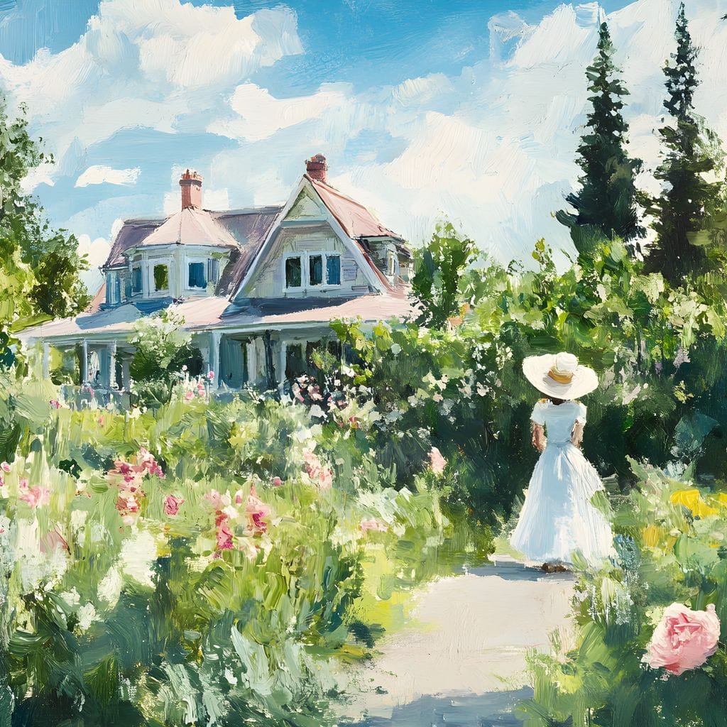 Sunlit Garden By Victorian House Canvas Wall Art