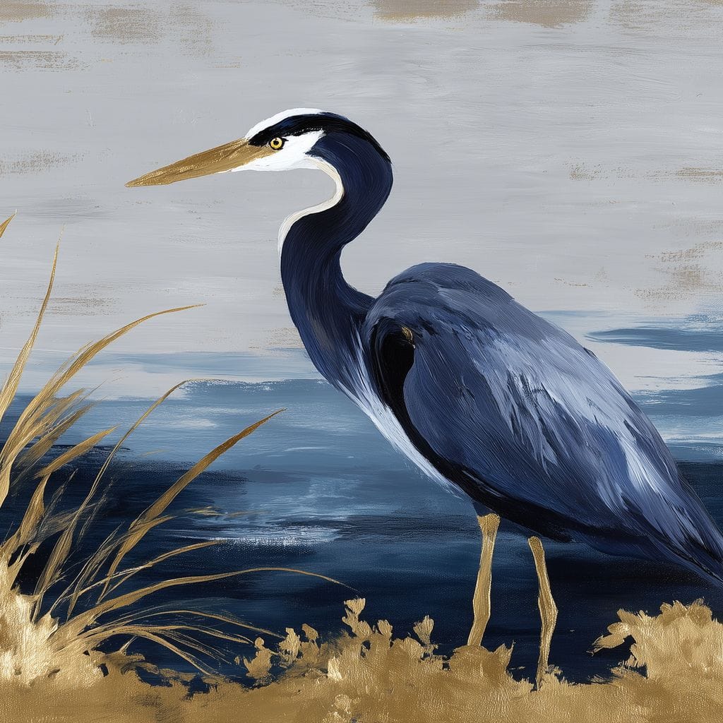 Coastal Heron Gold Reeds Canvas Wall Art