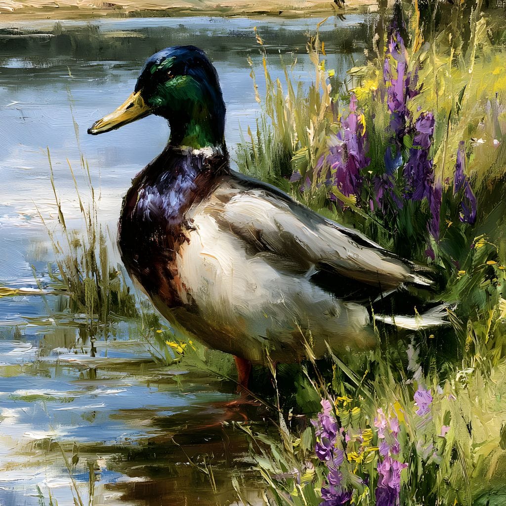 Solitary Mallard By The Still Shore Canvas Wall Art