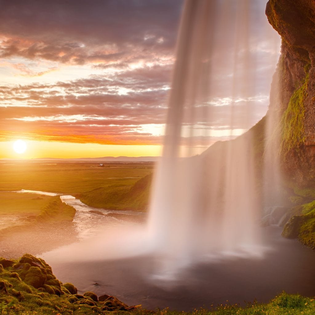 Sunset over Seljalandsfoss Waterfall Canvas Wall Art