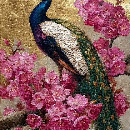 Golden Peacock Cherry Blossom Canvas Wall Art