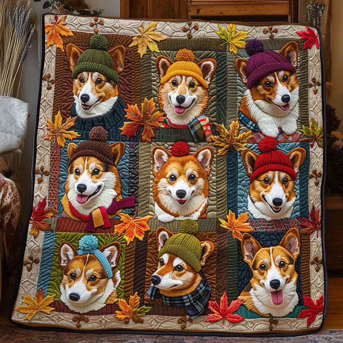 Autumn Beanie Corgi Quilt Blanket