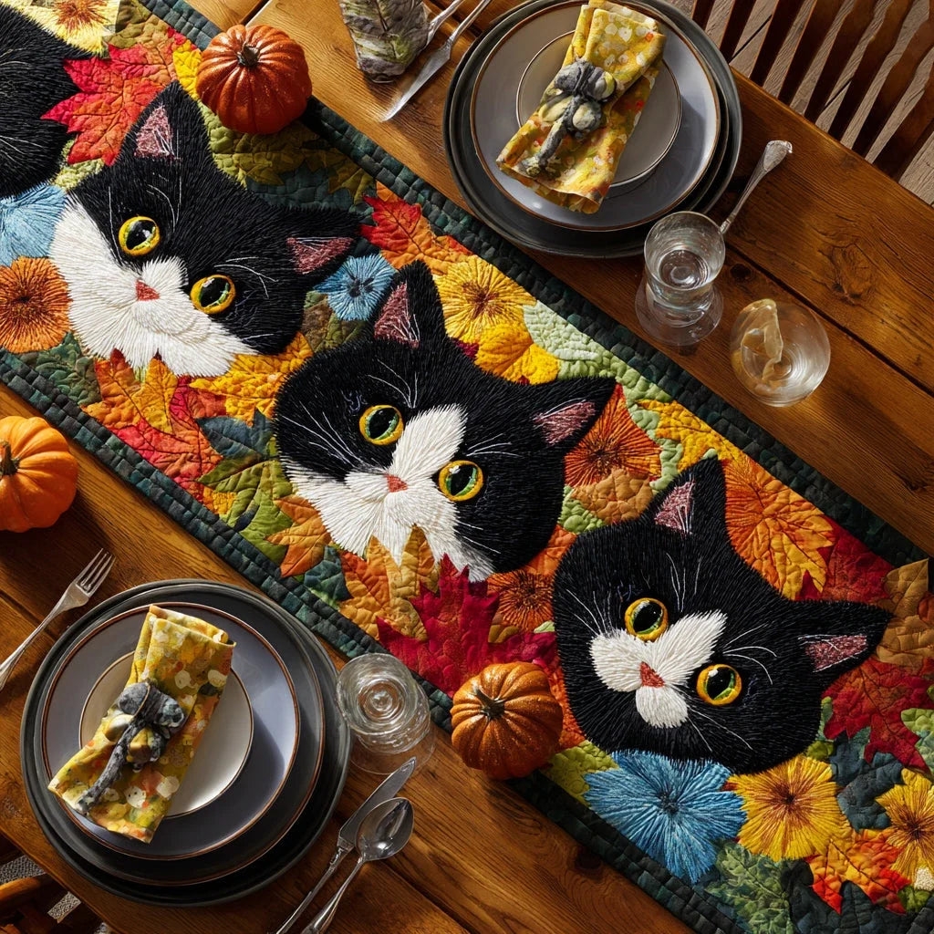 Autumn Cat Friends Quilted Table Runner