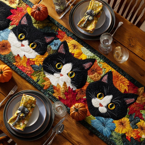 Autumn Cat Friends Quilted Table Runner