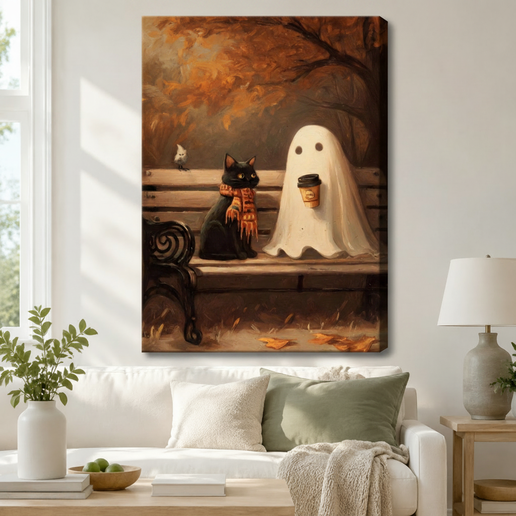 Autumn Ghost Cat Cozy Canvas Wall Art