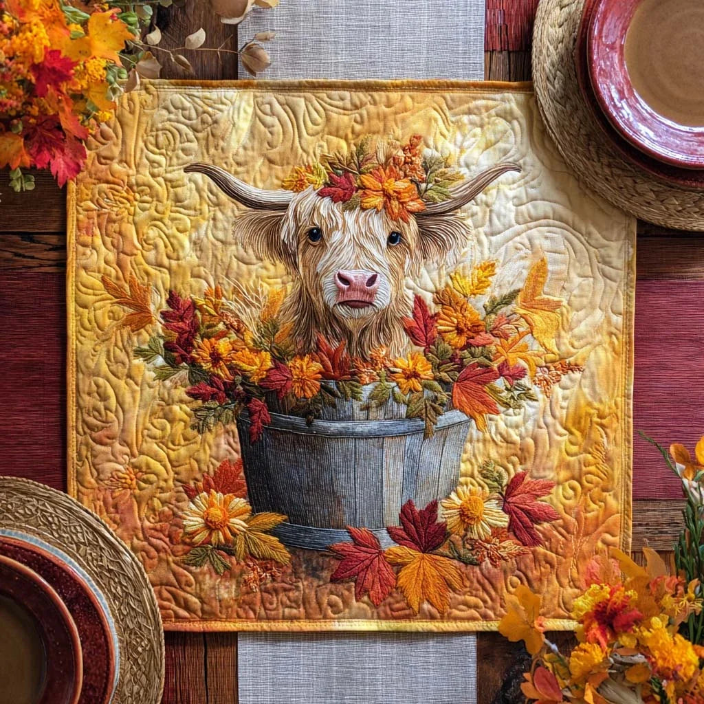 Autumn Highland Cow Quilted Table Topper