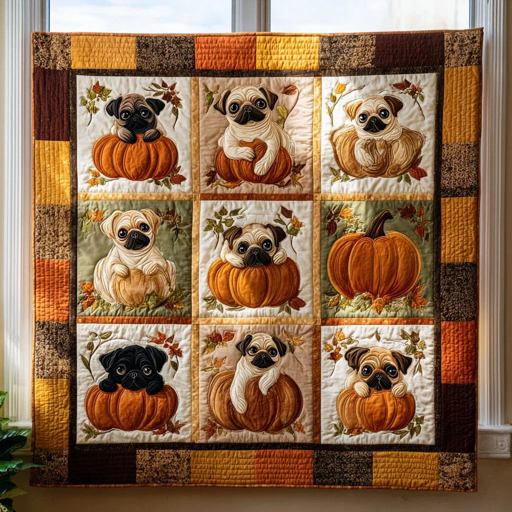Autumn Pumpkin Pug Quilt Blanket