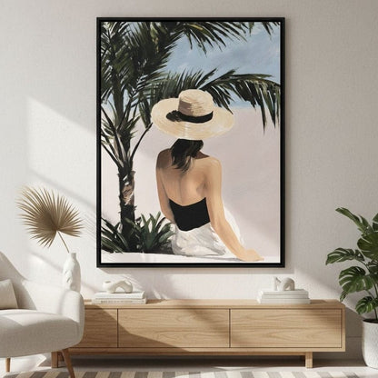 Coastal Palm Retreat Woman Hat Canvas Wall Art