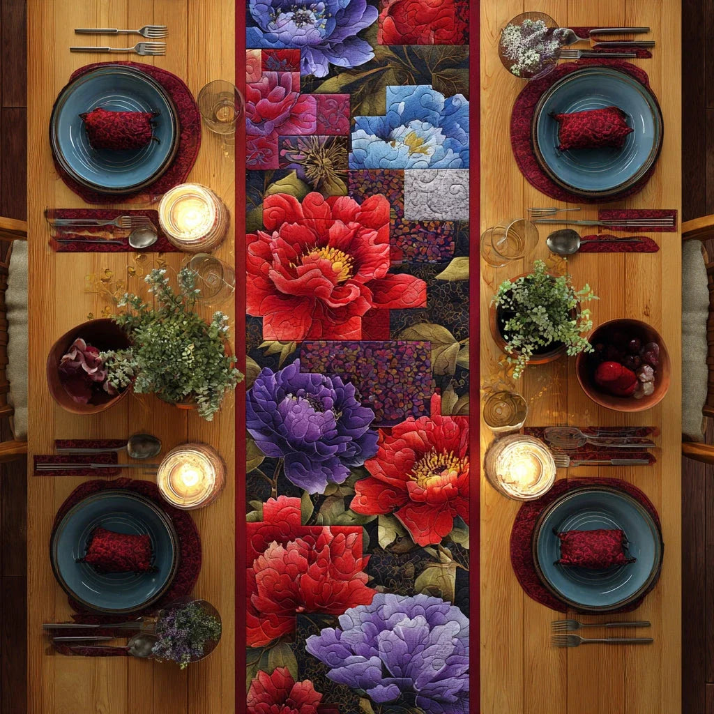 Azure Peony Quilted Table Runner