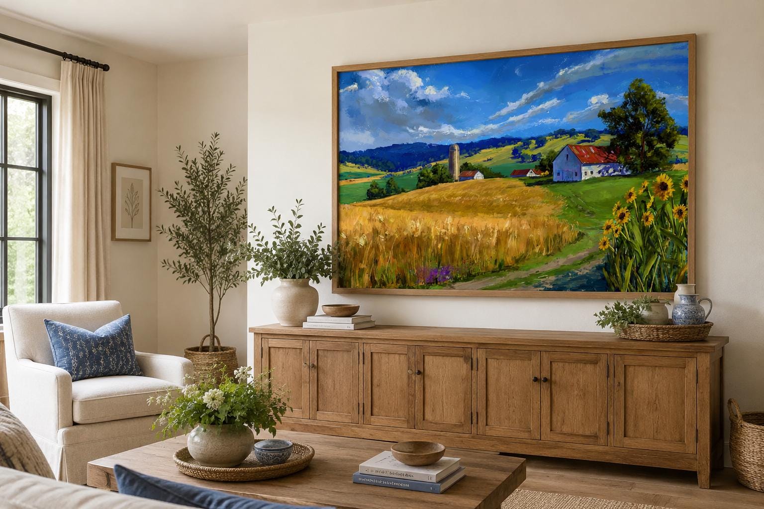 Farmhouse Landscape Wall Art - Impressionist Wheat Field with Sunflowers Canvas Print