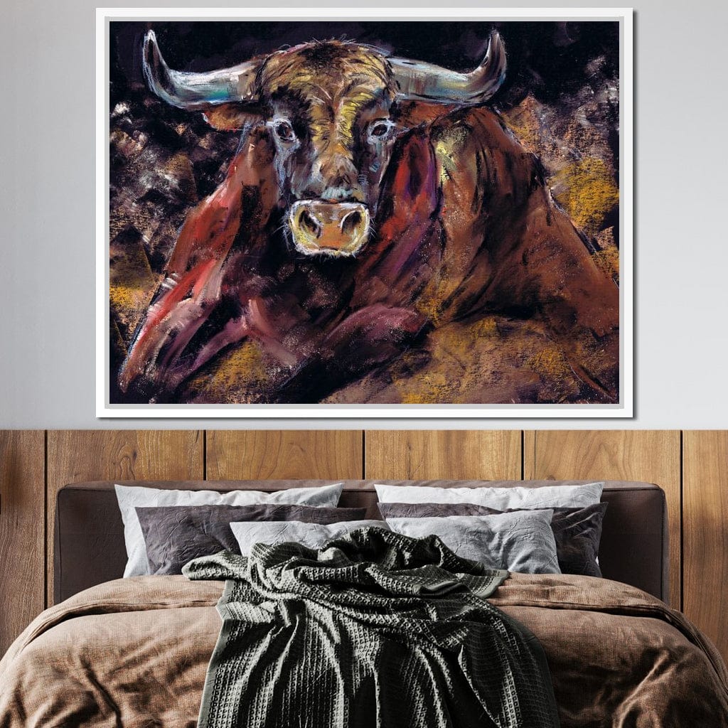 Brown Bull Charge Canvas Wall Art