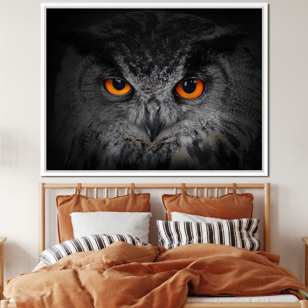 Black & White Owl with Orange Eyes Canvas Wall Art
