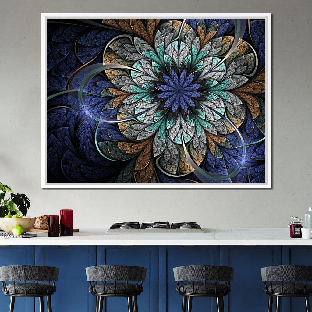 Blue and Gold Fractal Flower Canvas Wall Art