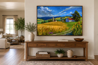 Farmhouse Landscape Wall Art - Impressionist Wheat Field with Sunflowers Canvas Print