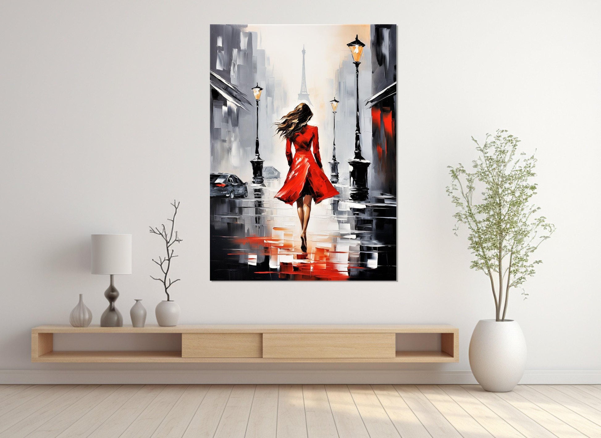Paris Canvas Print – Abstract Lady in Red with Eiffel Tower | Ready to Hang